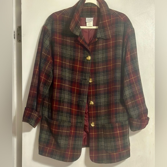 Vintage Burgundy Green Plaid Womens Button-down Blazer Jacket - Picture 2 of 5